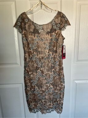 Xscape Beige and Taupe Floral Lace Midi Dress